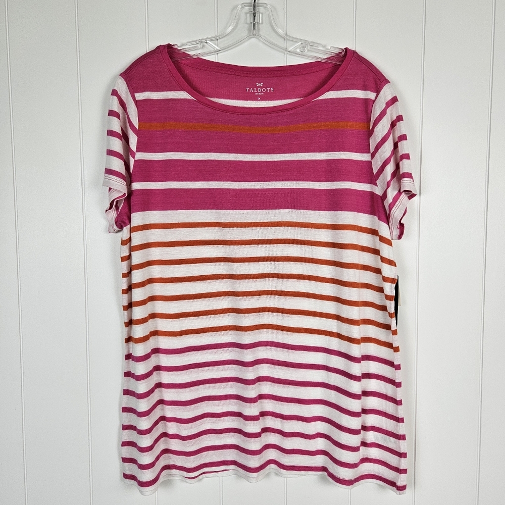 Talbots Shirt Linen Blend Womens Short Sleeve Striped White Pink Orange